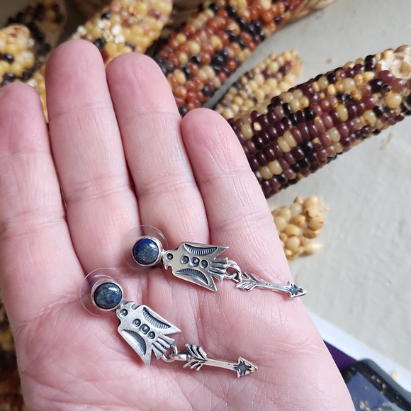 NWOT Native American Navajo Denim Lapis & Sterling Thunderbird Dangle Earrings - Picture 8 of 12